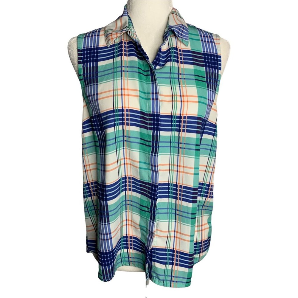 Forever 21 Sleeveless Button Up Shirt S White Blue Plaid Collar